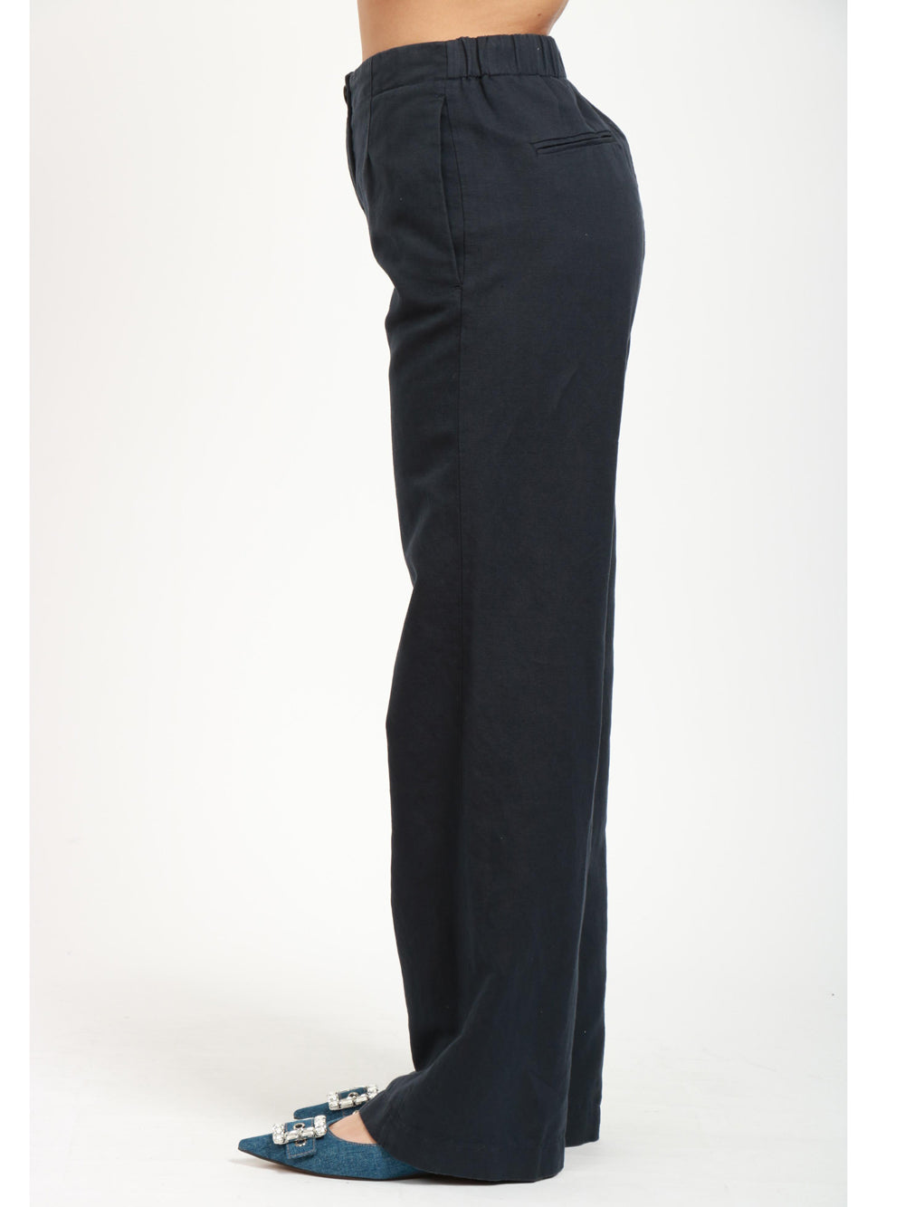Pantaloni Palazzo in Misto Cotone e Lino Blu