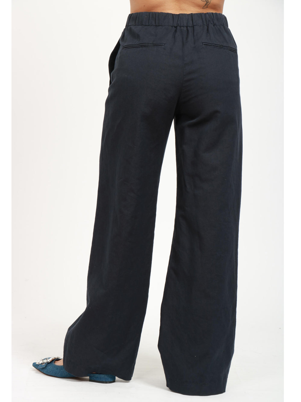 Pantaloni Palazzo in Misto Cotone e Lino Blu
