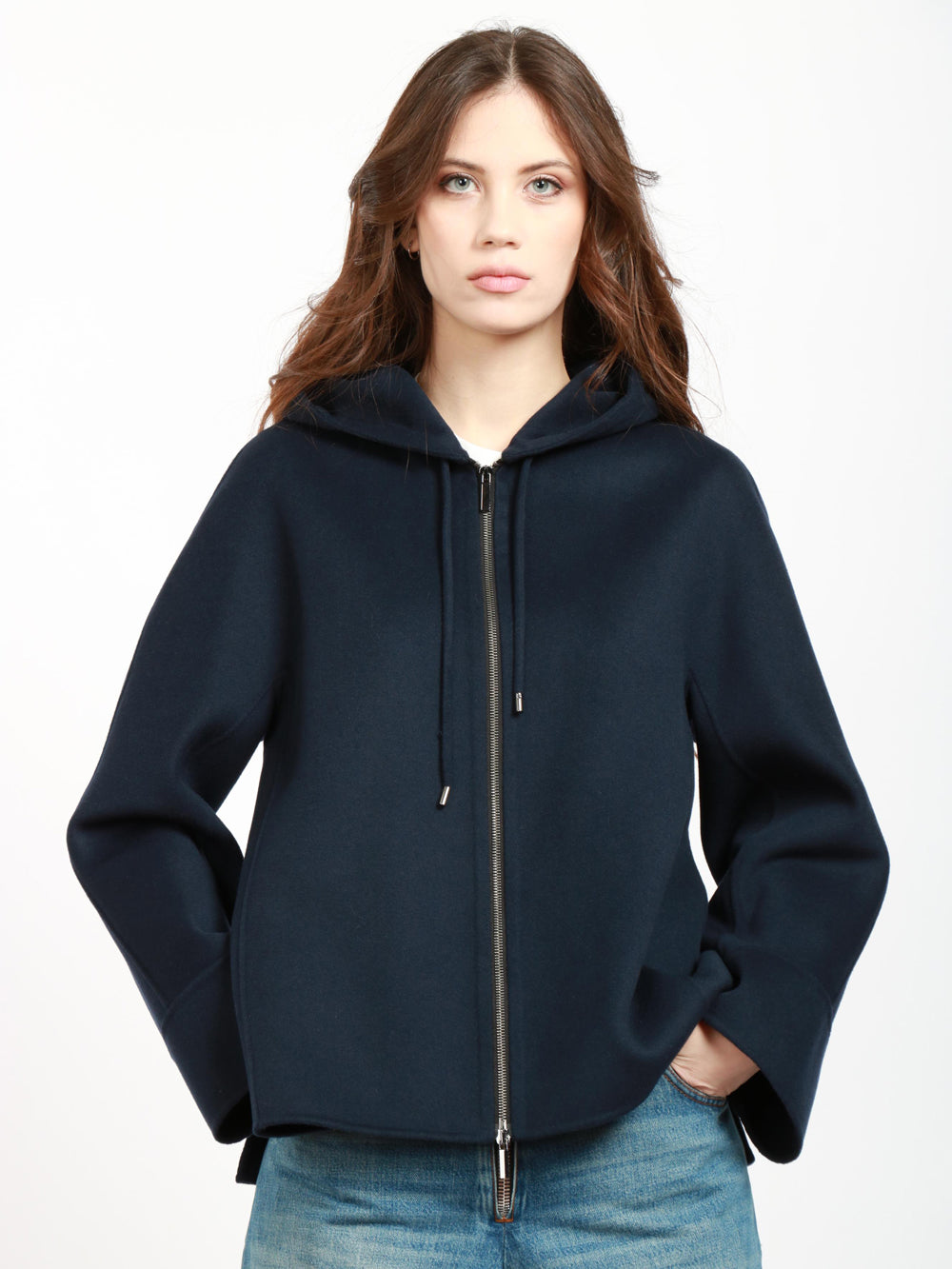 Felpa Wind in Lana Vergine Blu con Cappuccio