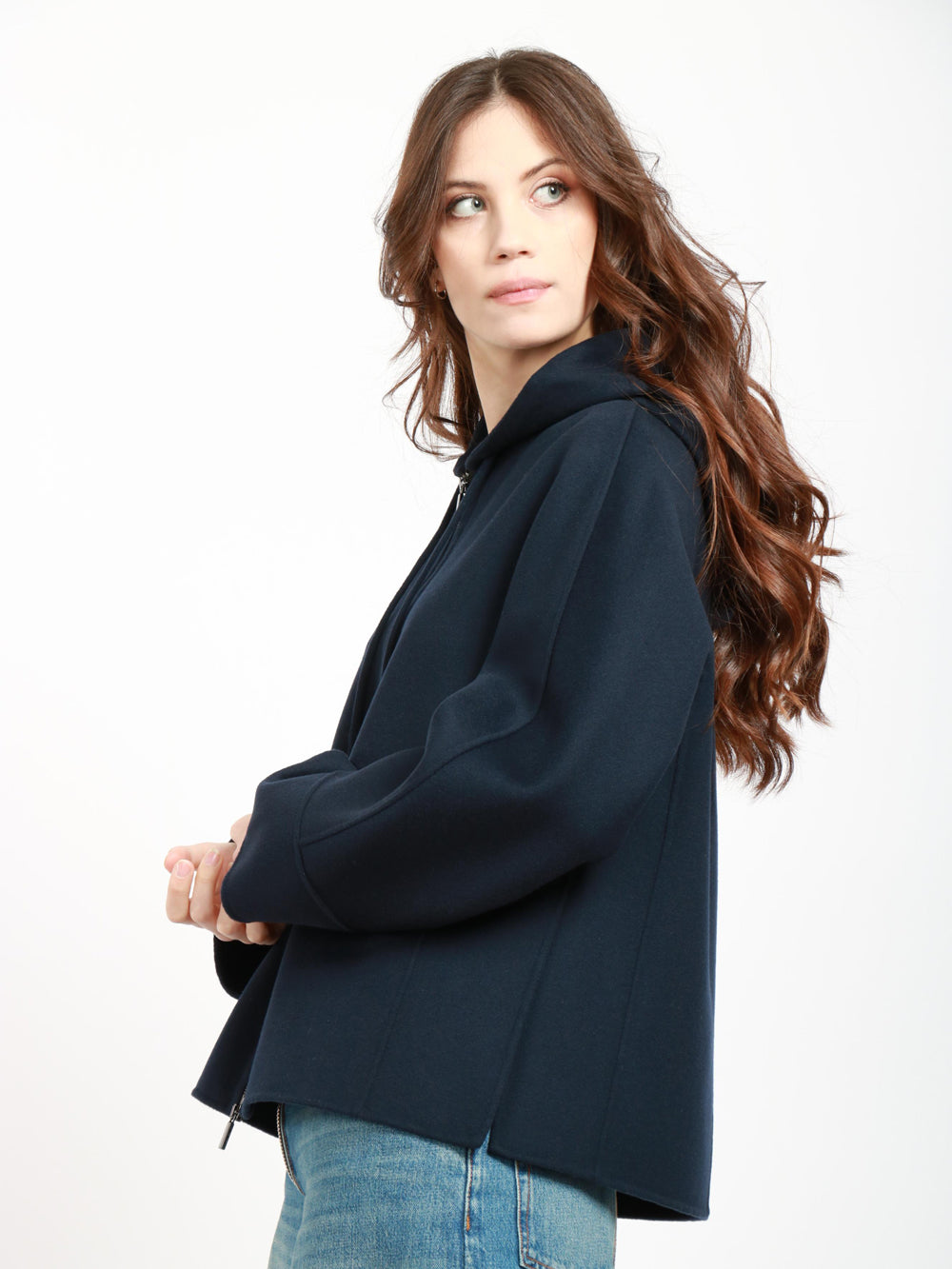Felpa Wind in Lana Vergine Blu con Cappuccio