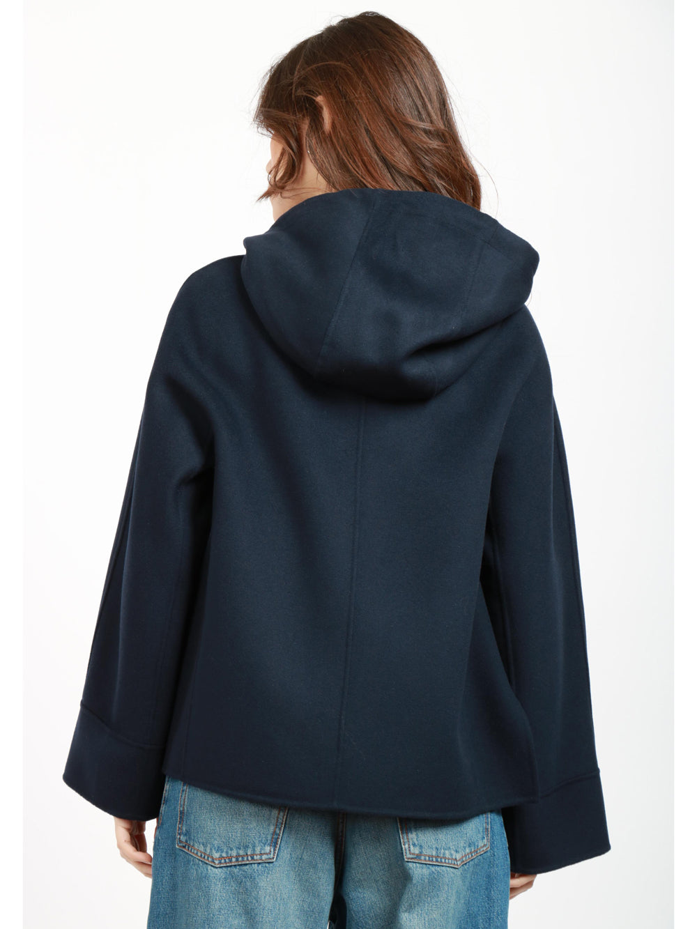 Felpa Wind in Lana Vergine Blu con Cappuccio