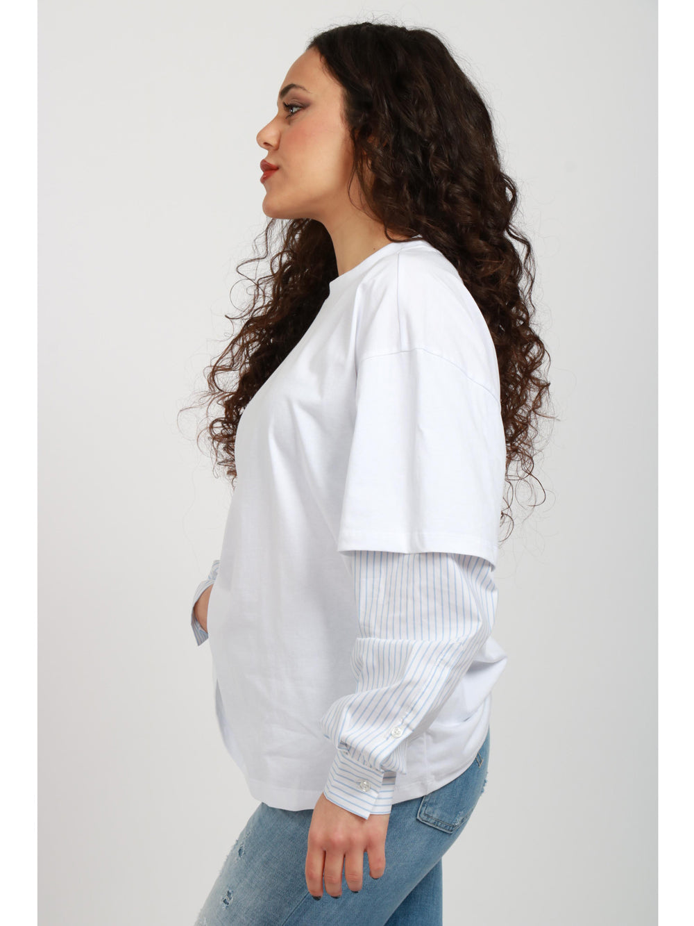 SEMICOUTURE T-Shirt Stefania in Cotone Bianca con Maniche in Popeline Bianco