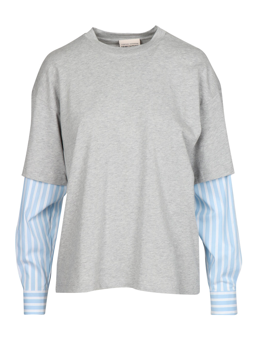 SEMICOUTURE T-Shirt Stefania in Cotone Grigia con Maniche in Popeline Grigio/azzurro