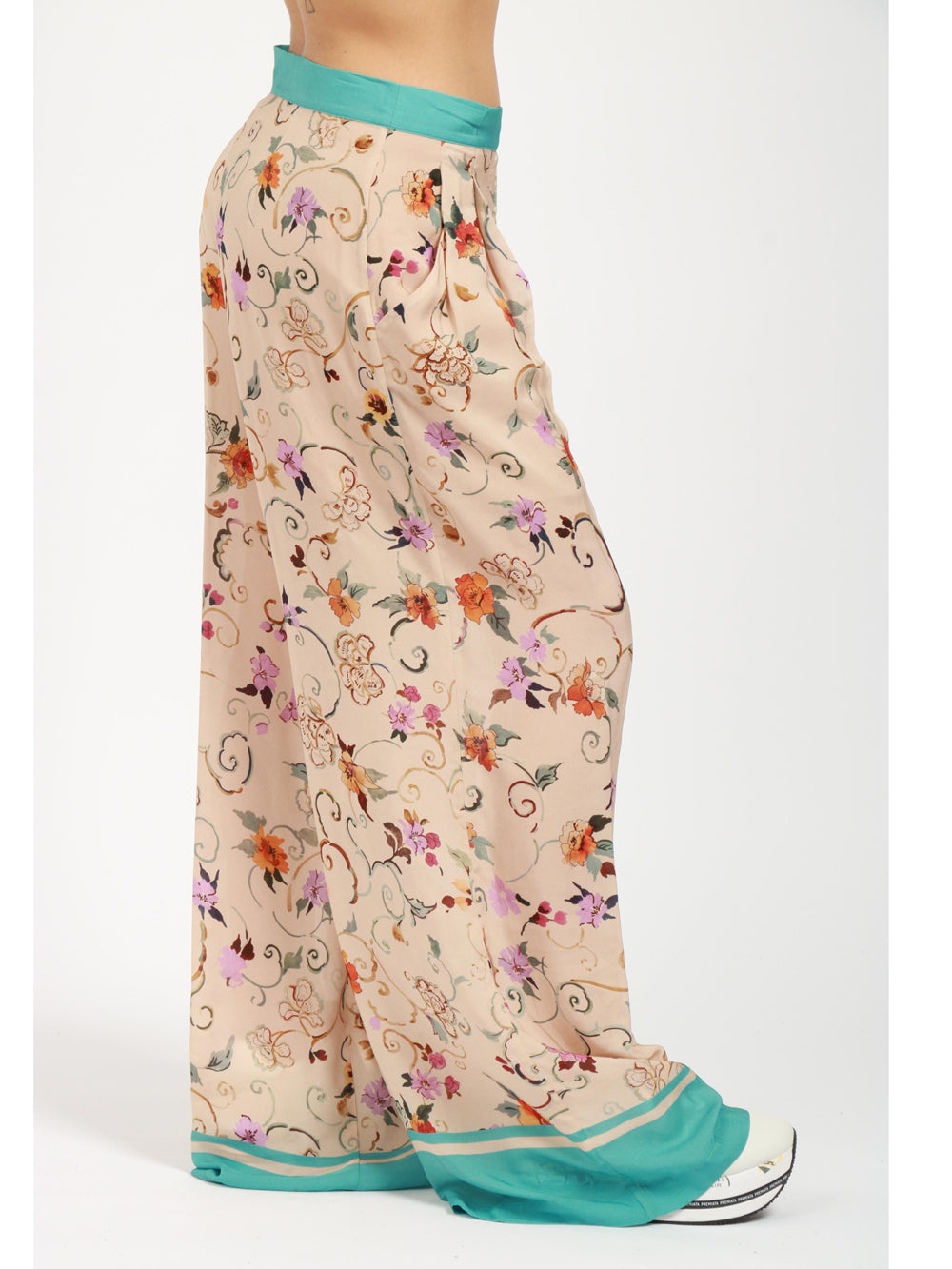 SEMICOUTURE Pantaloni Edwina in Habotai Avorio con Stampa Fiori Multicolor