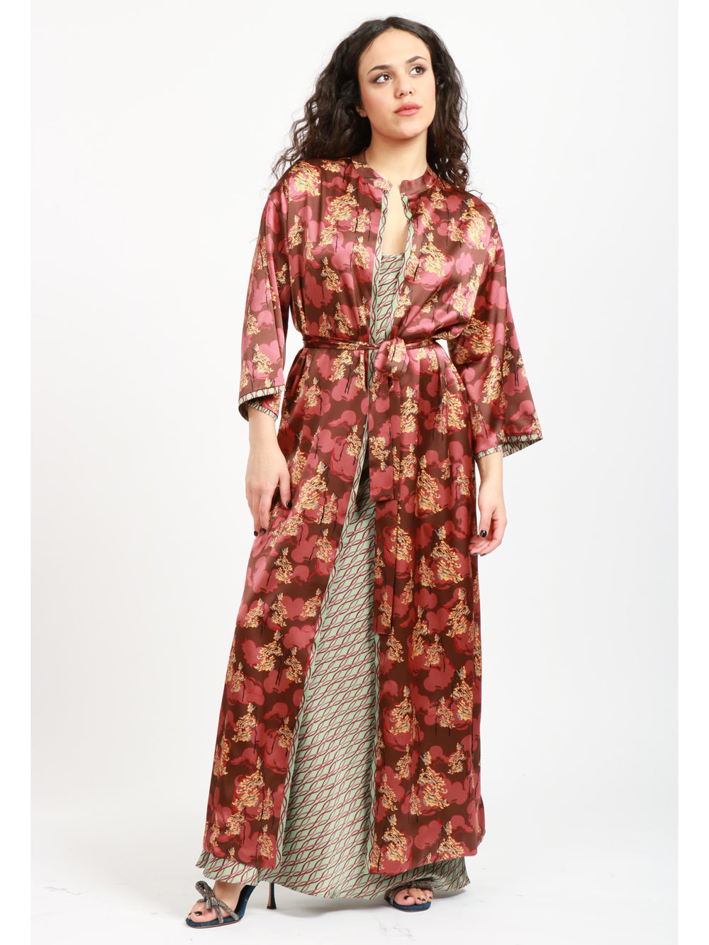Haiku Long Double-Face Kimono in Brown and Light Blue Silk