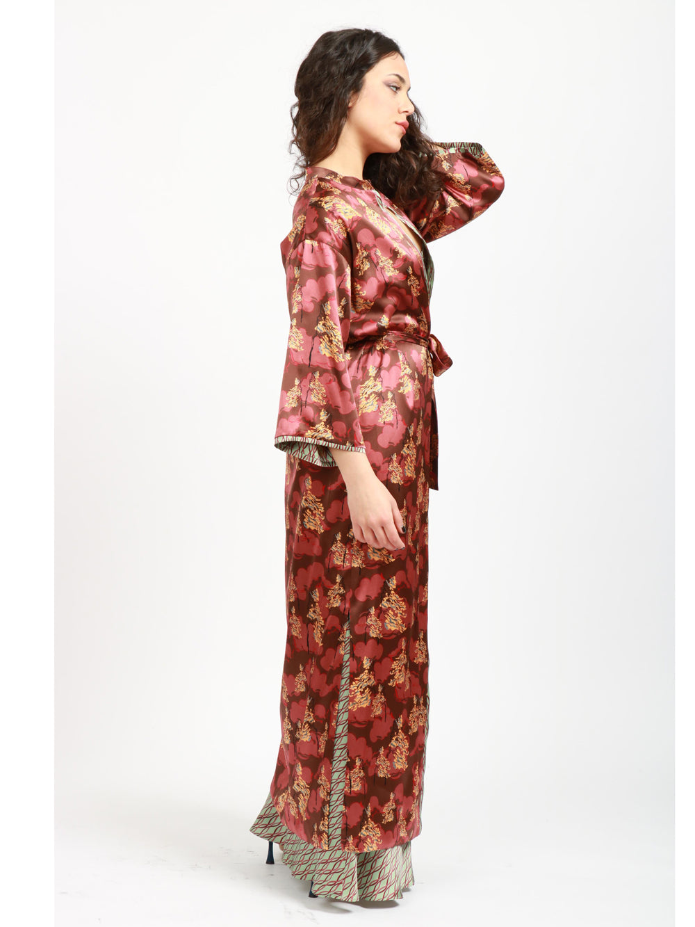 Haiku Long Double-Face Kimono in Brown and Light Blue Silk