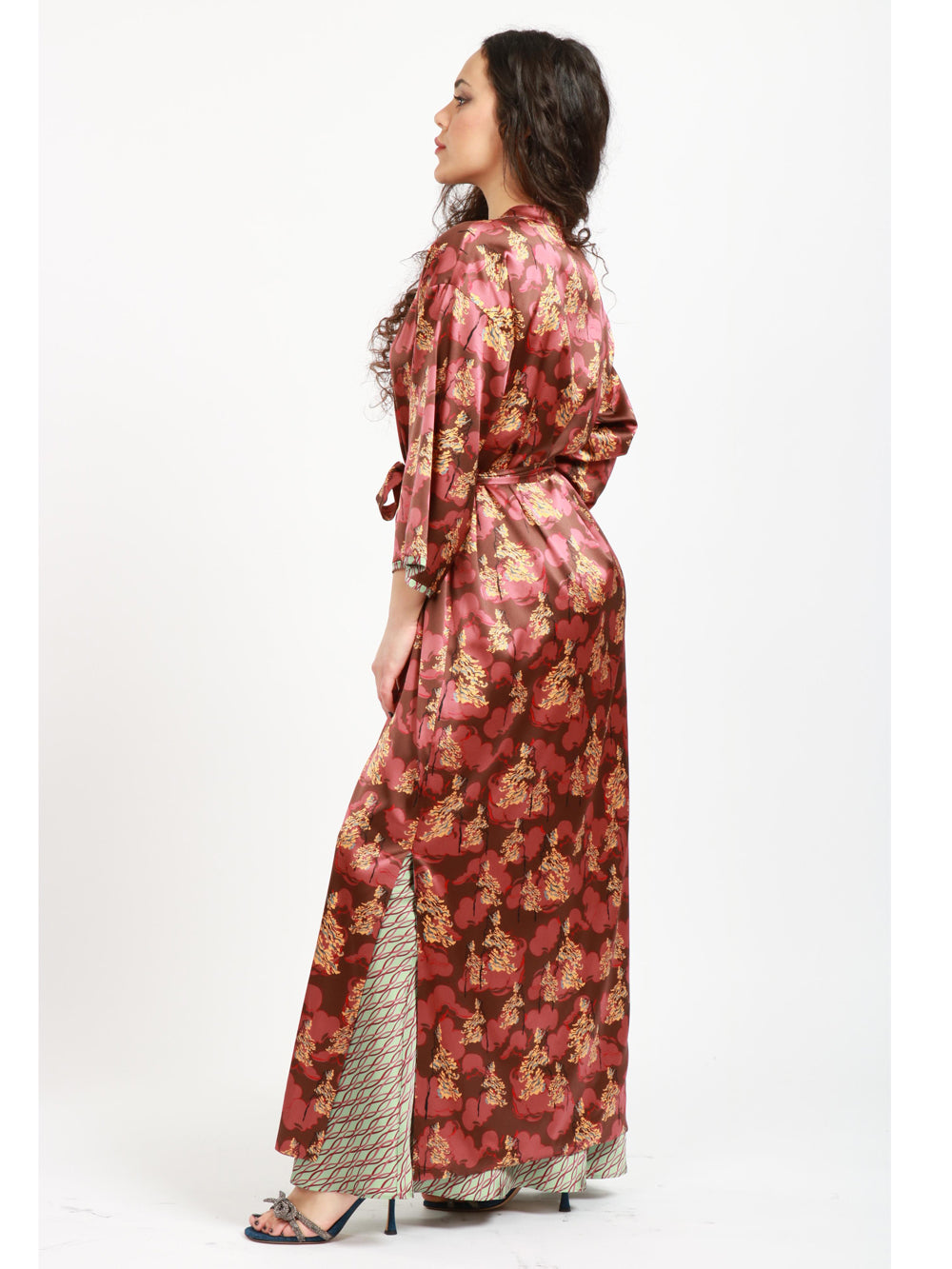 Haiku Long Double-Face Kimono in Brown and Light Blue Silk