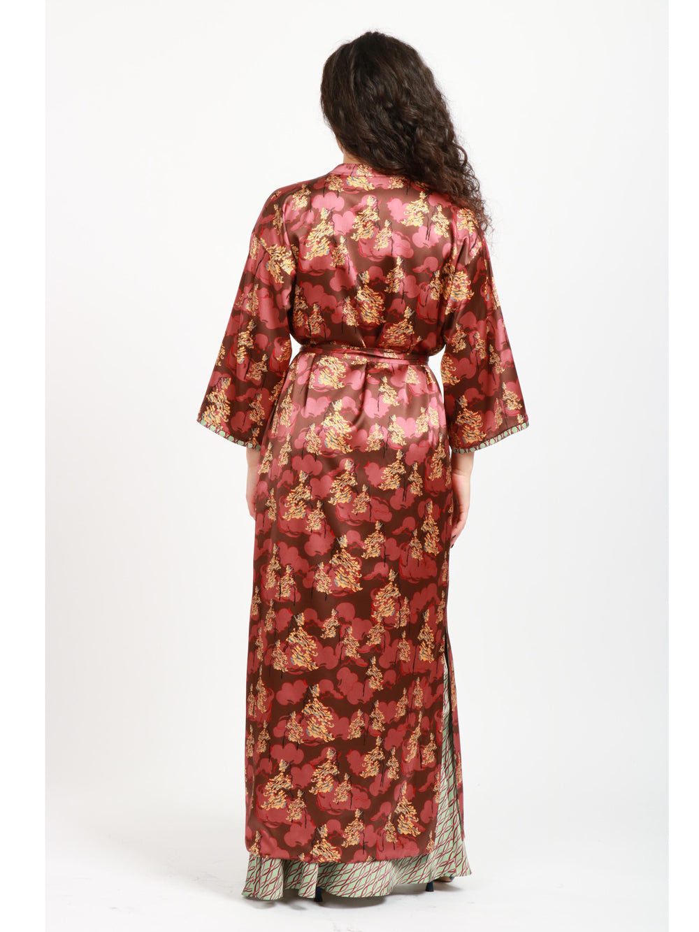 Haiku Long Double-Face Kimono in Brown and Light Blue Silk