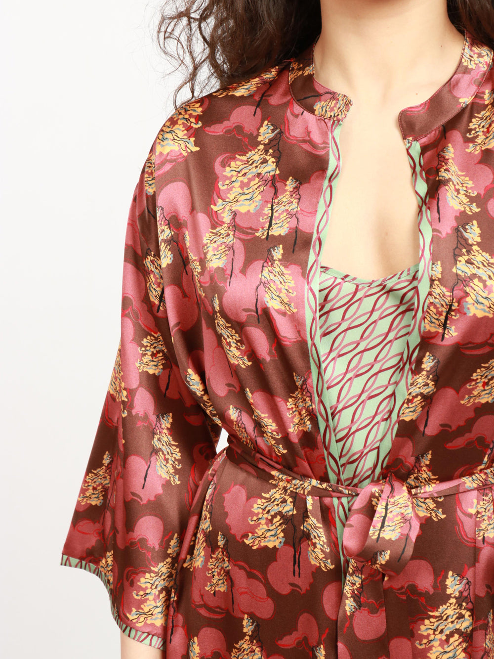 Haiku Long Double-Face Kimono in Brown and Light Blue Silk
