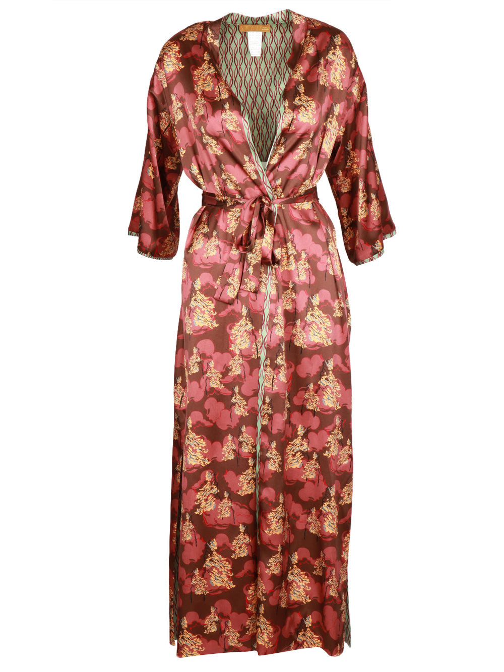 Haiku Long Double-Face Kimono in Brown and Light Blue Silk