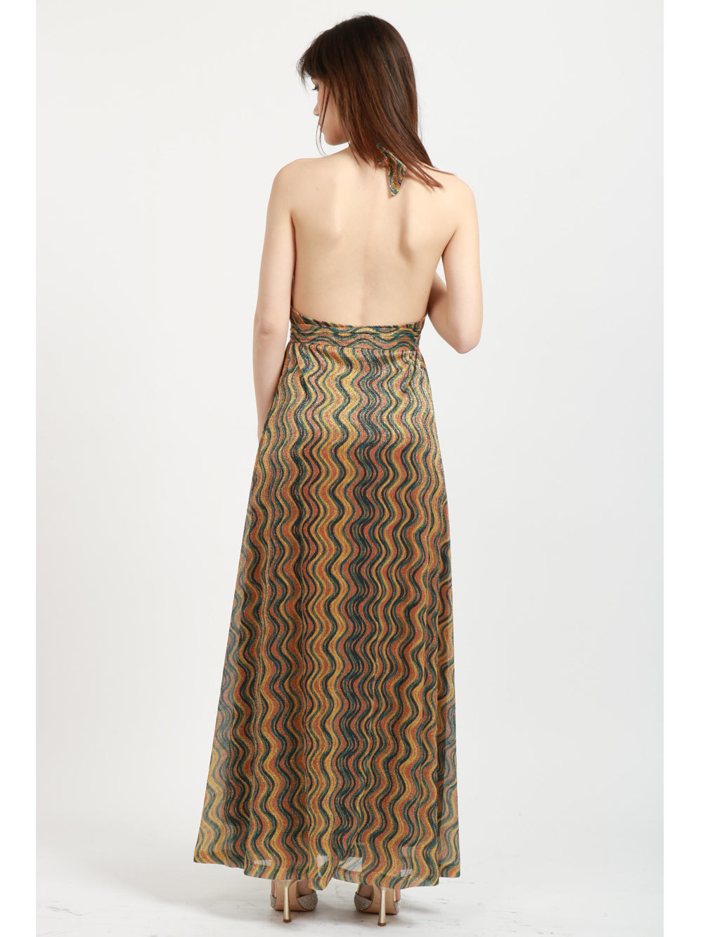 Long Dress with Gold, Blue and Orange Pattern with Lurex