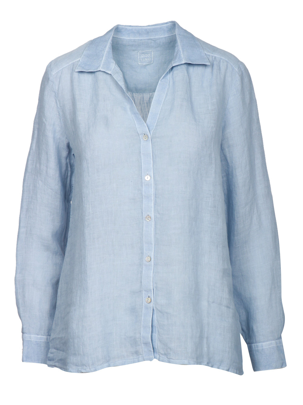 120% Lino Camicia in lino a maniche lunghe con scollo a V celeste. Celeste