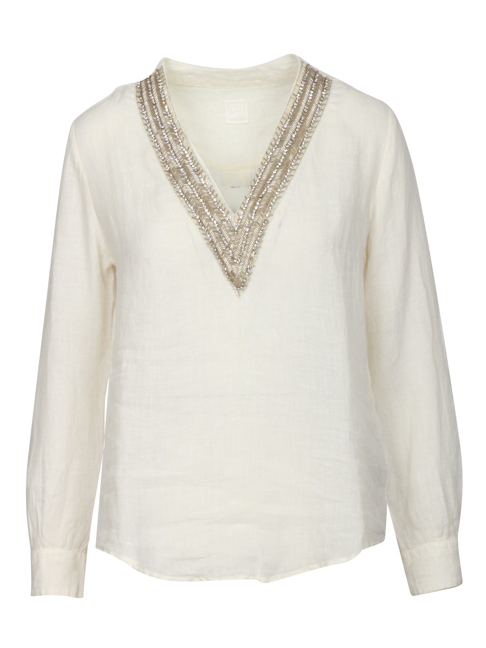 120% Lino Blusa in lino con strass sullo scollo bianca Panna