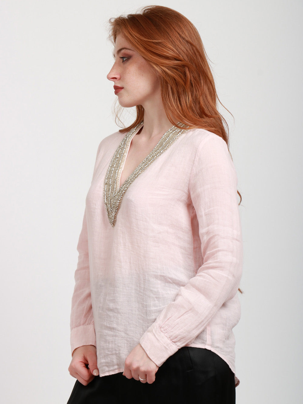 120% Lino Blusa in lino con strass sullo scollo rosa Rosa
