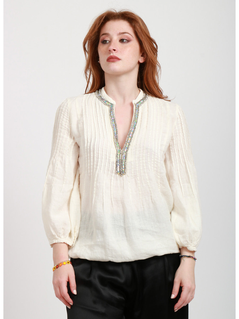120% Lino Blusa in lino con strass e maniche e palloncino avorio Panna