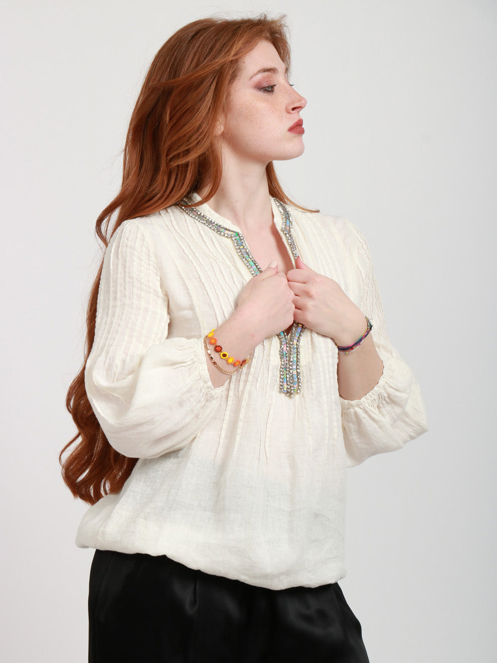 120% Lino Blusa in lino con strass e maniche e palloncino avorio Panna