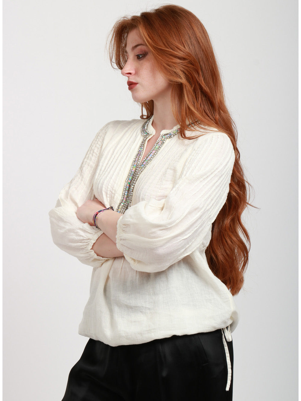 120% Lino Blusa in lino con strass e maniche e palloncino avorio Panna