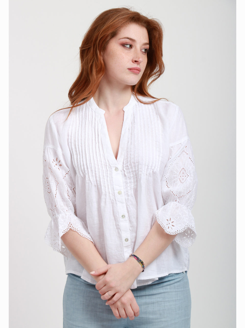 120% Lino Camicia in lino bianca con macrame Bianco