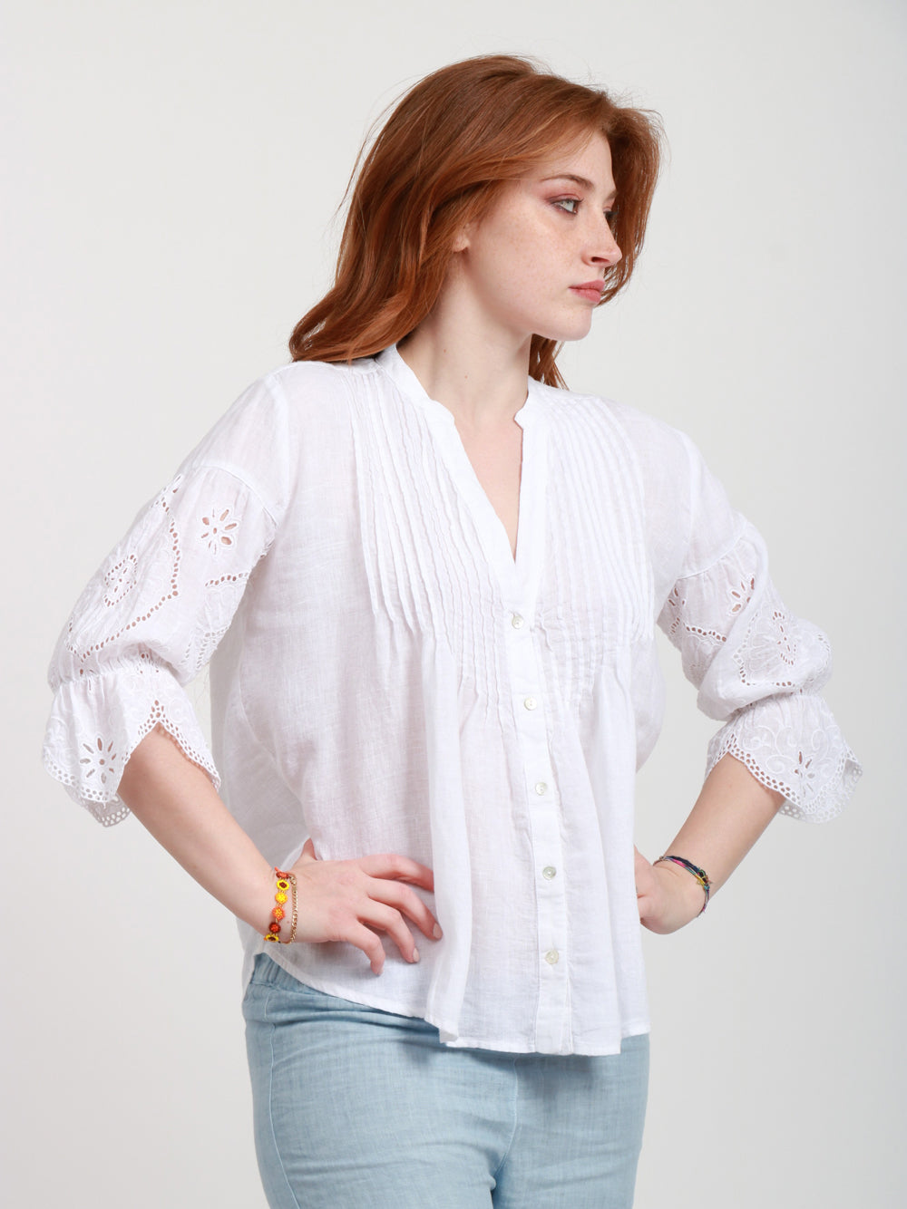 120% Lino Camicia in lino bianca con macrame Bianco