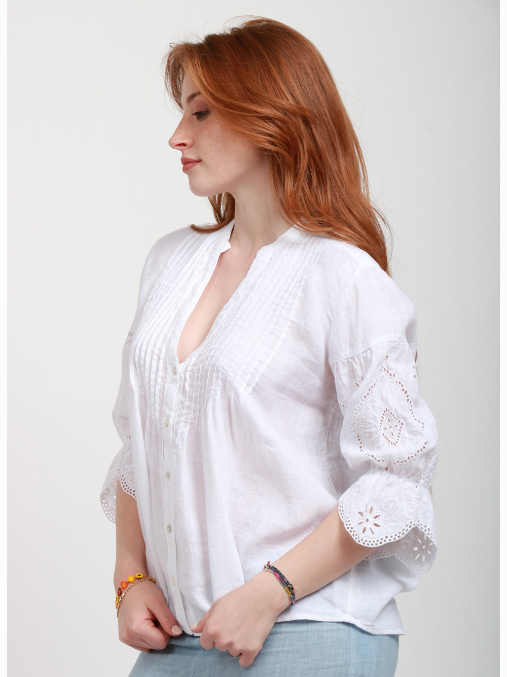 120% Lino Camicia in lino bianca con macrame Bianco