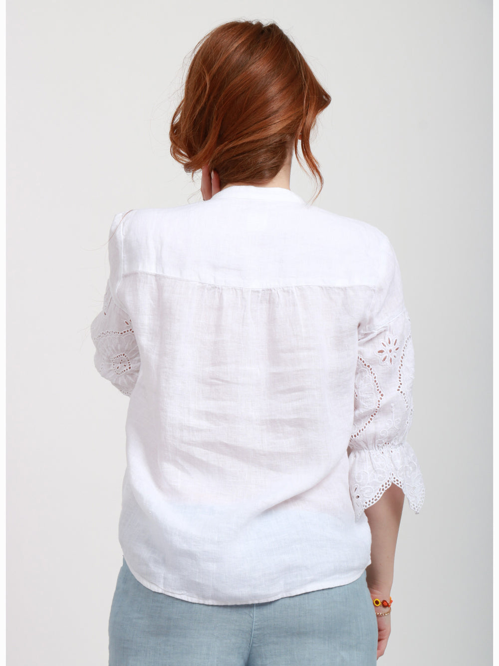 120% Lino Camicia in lino bianca con macrame Bianco