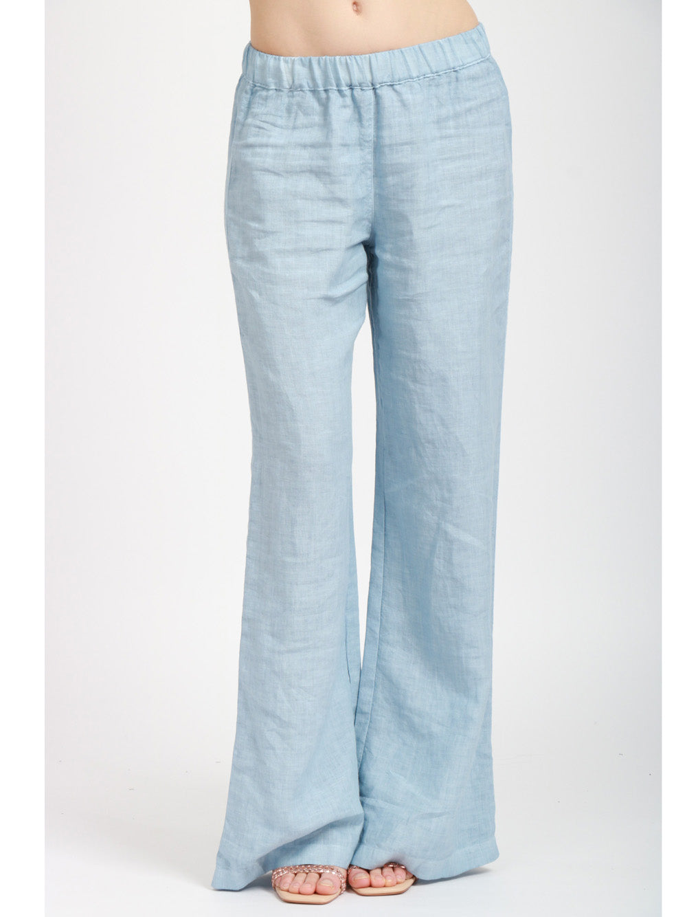 120% Lino Pantalone palazzo in lino con elastico in vita celeste Celeste