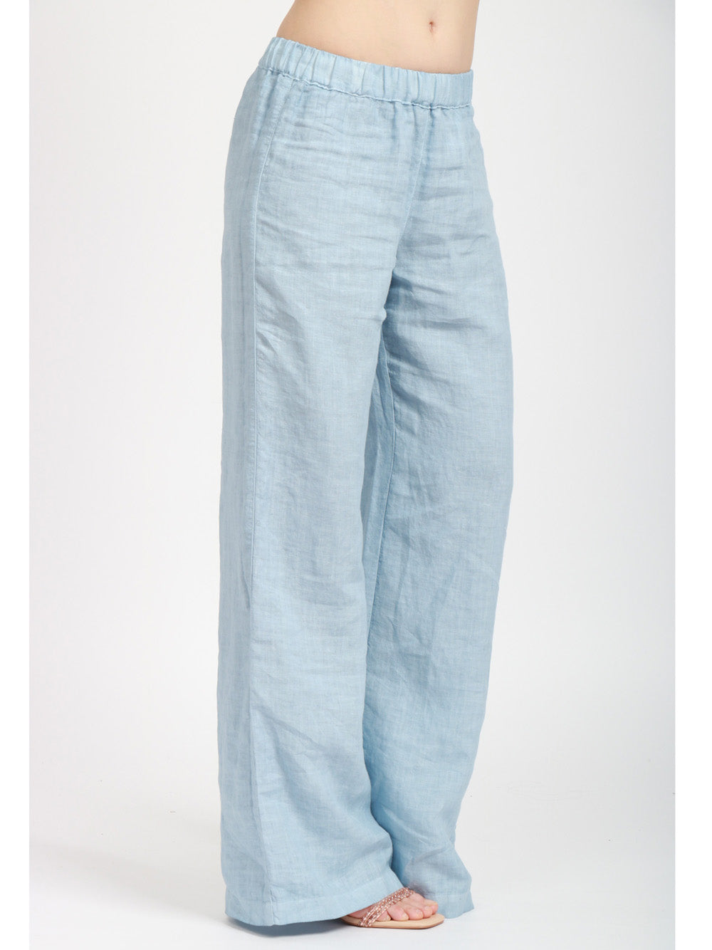 120% Lino Pantalone palazzo in lino con elastico in vita celeste Celeste