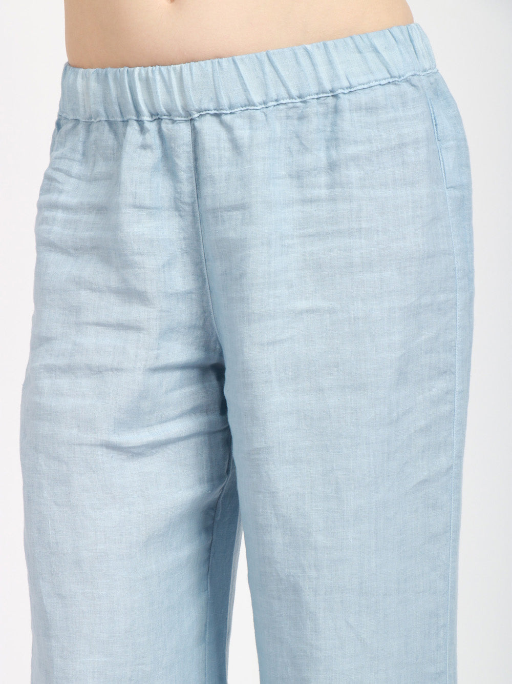 120% Lino Pantalone palazzo in lino con elastico in vita celeste Celeste