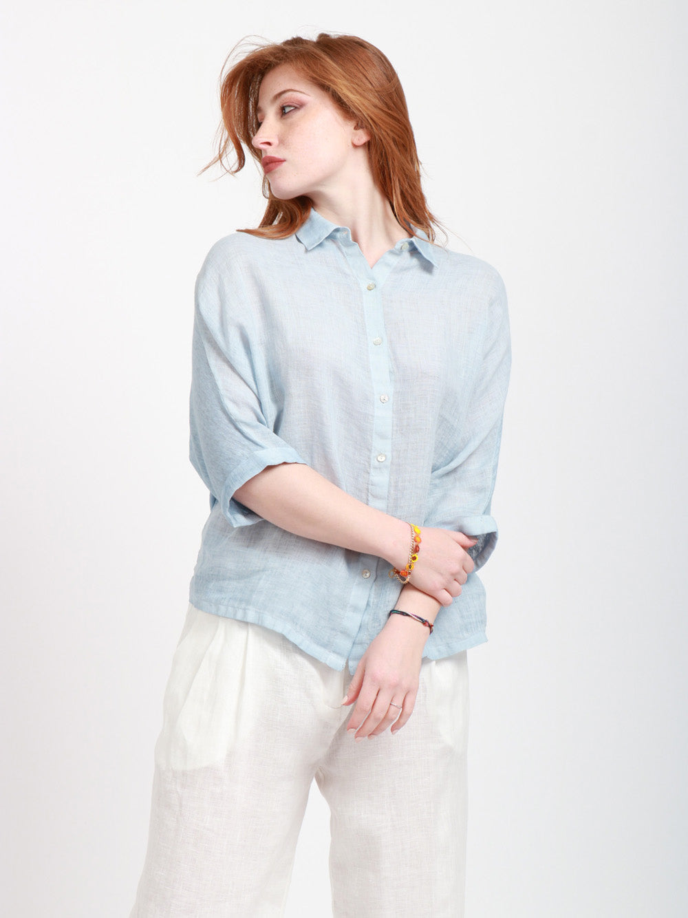 120% Lino Camicia Over in lino maniche a 3/4 celeste Celeste