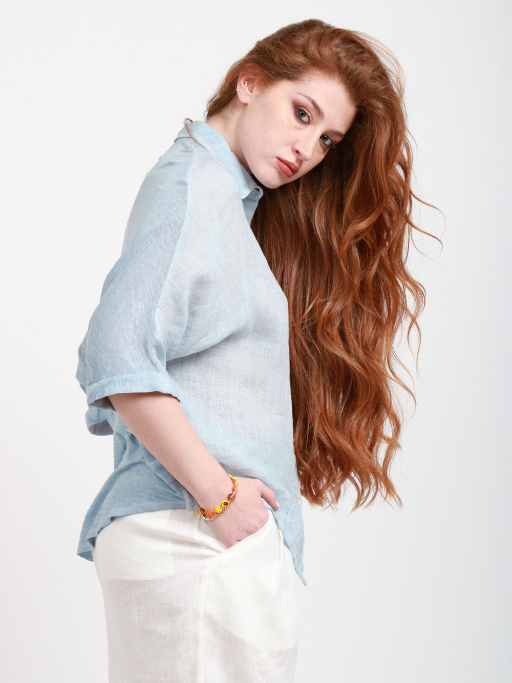 120% Lino Camicia Over in lino maniche a 3/4 celeste Celeste