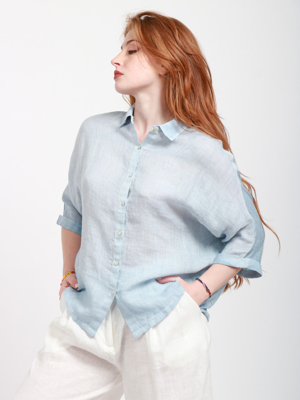 120% Lino Camicia Over in lino maniche a 3/4 celeste Celeste