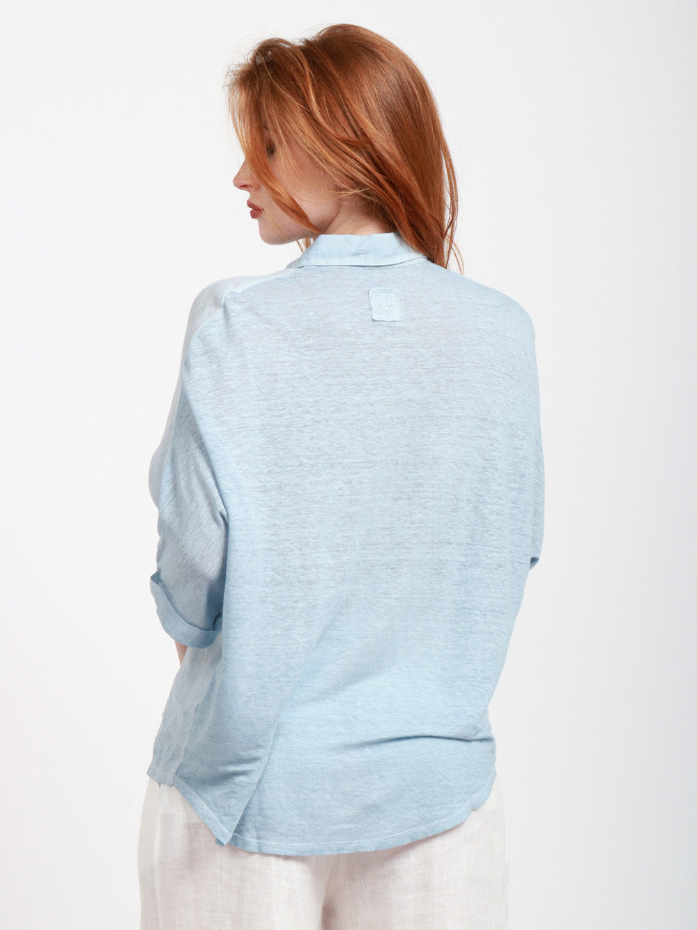 120% Lino Camicia Over in lino maniche a 3/4 celeste Celeste