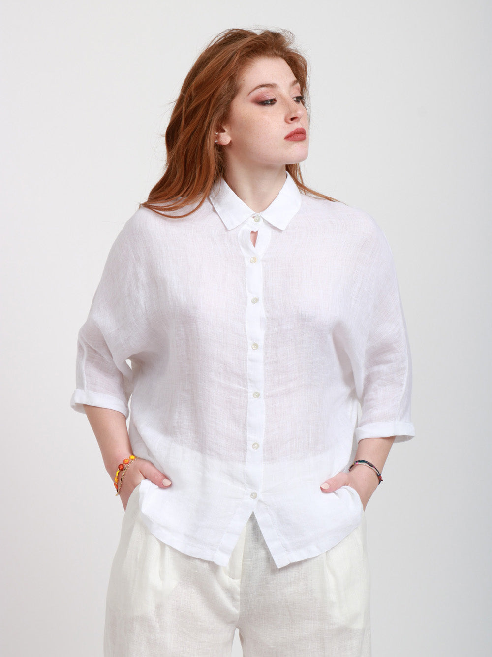 120% Lino Camicia Over in lino maniche a 3/4 Bianca Bianco