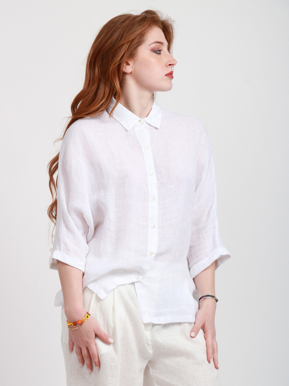 120% Lino Camicia Over in lino maniche a 3/4 Bianca Bianco