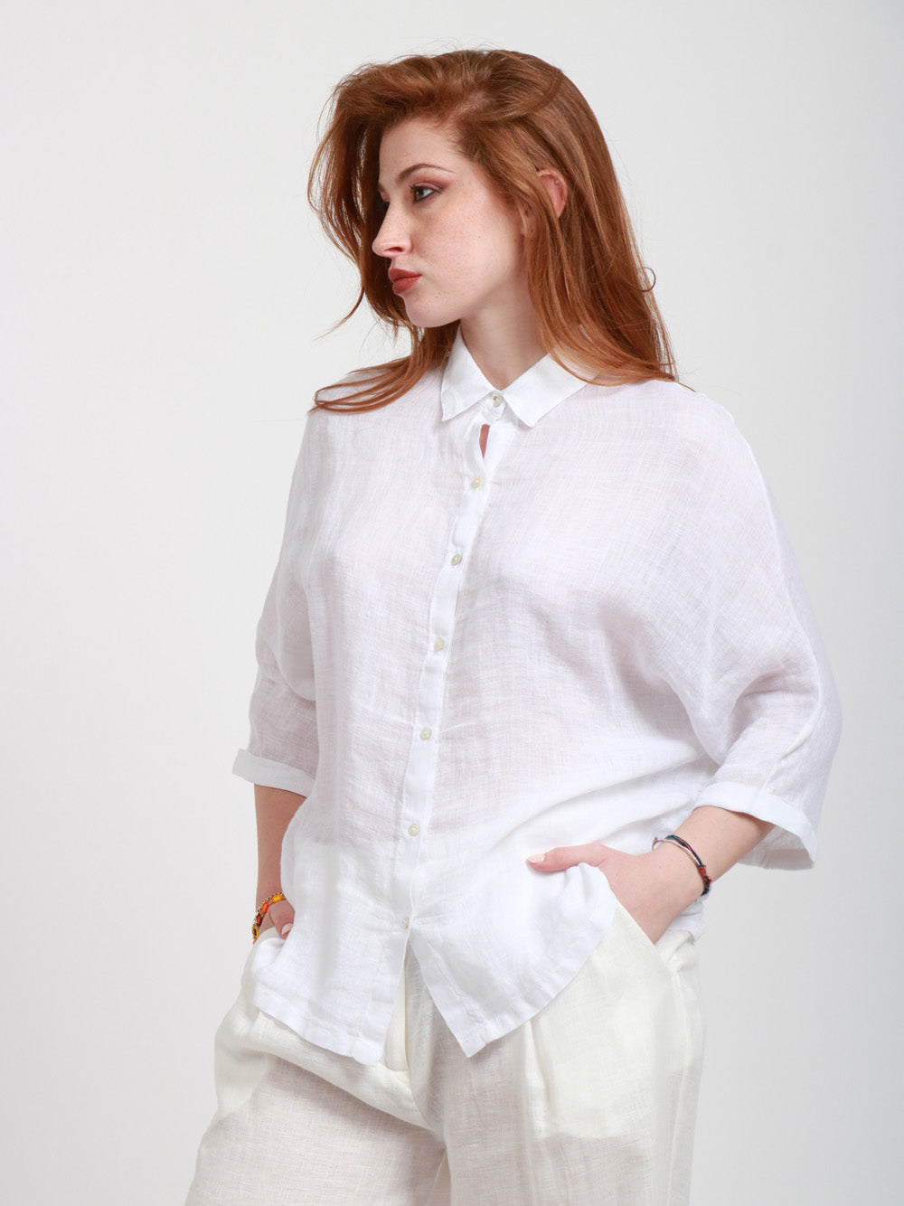 120% Lino Camicia Over in lino maniche a 3/4 Bianca Bianco