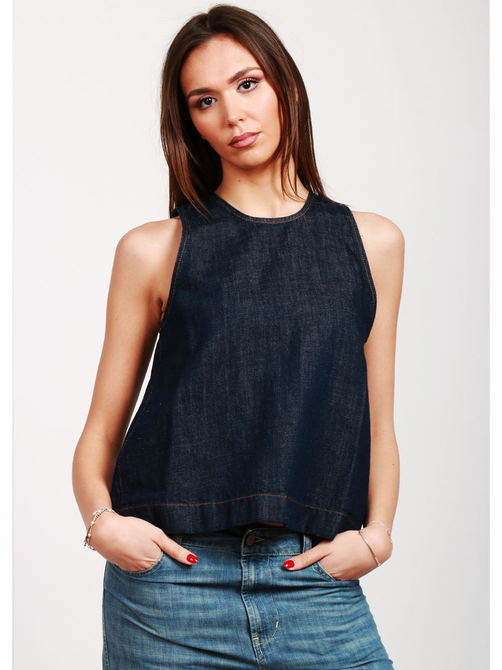 7 FOR ALL MANKIND Top Girocollo in Denim di Cotone e Lino Blu Scuro Denim scuro
