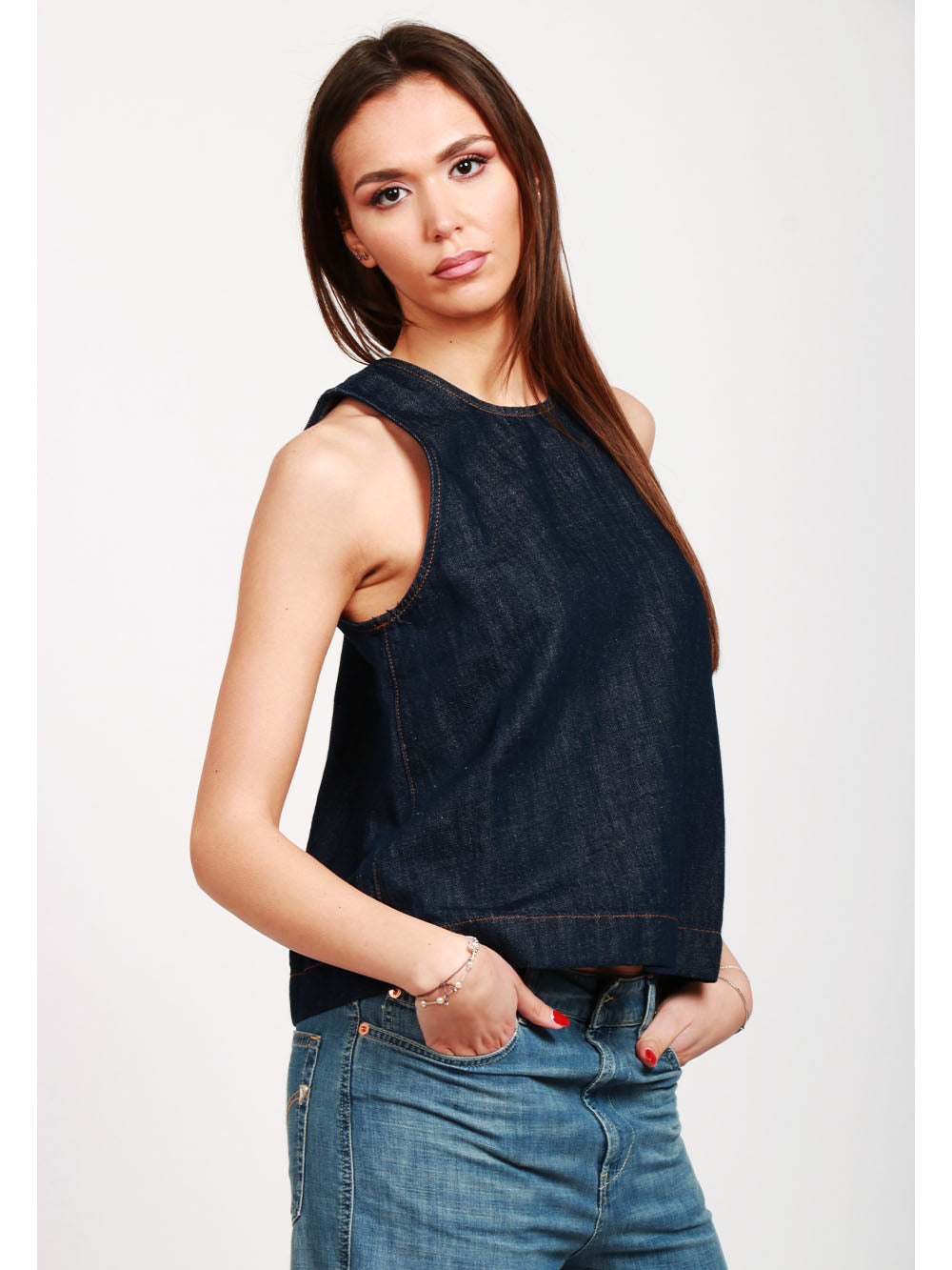 7 FOR ALL MANKIND Top Girocollo in Denim di Cotone e Lino Blu Scuro Denim scuro