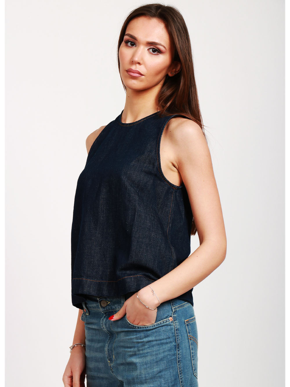 7 FOR ALL MANKIND Top Girocollo in Denim di Cotone e Lino Blu Scuro Denim scuro