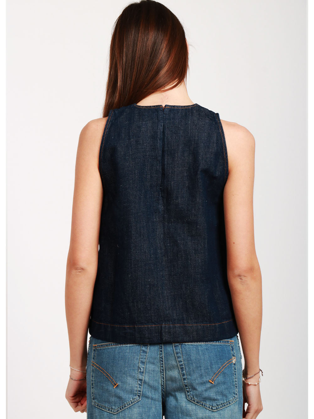 7 FOR ALL MANKIND Top Girocollo in Denim di Cotone e Lino Blu Scuro Denim scuro