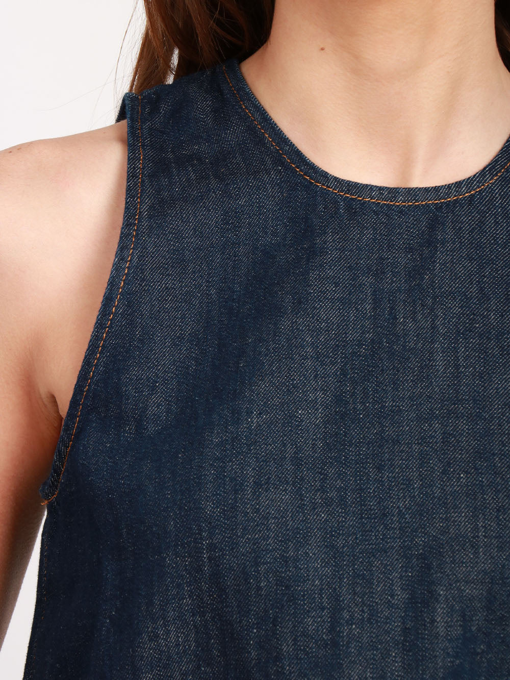 7 FOR ALL MANKIND Top Girocollo in Denim di Cotone e Lino Blu Scuro Denim scuro