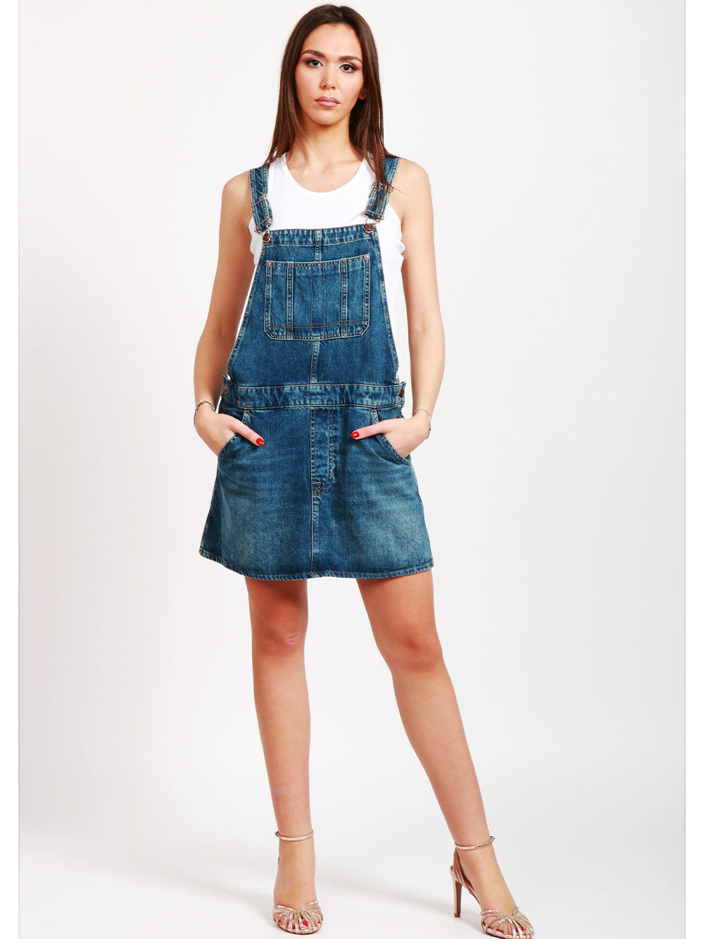 7 FOR ALL MANKIND Vestito Corto Dungares Salopette in Denim Blu Denim Blu
