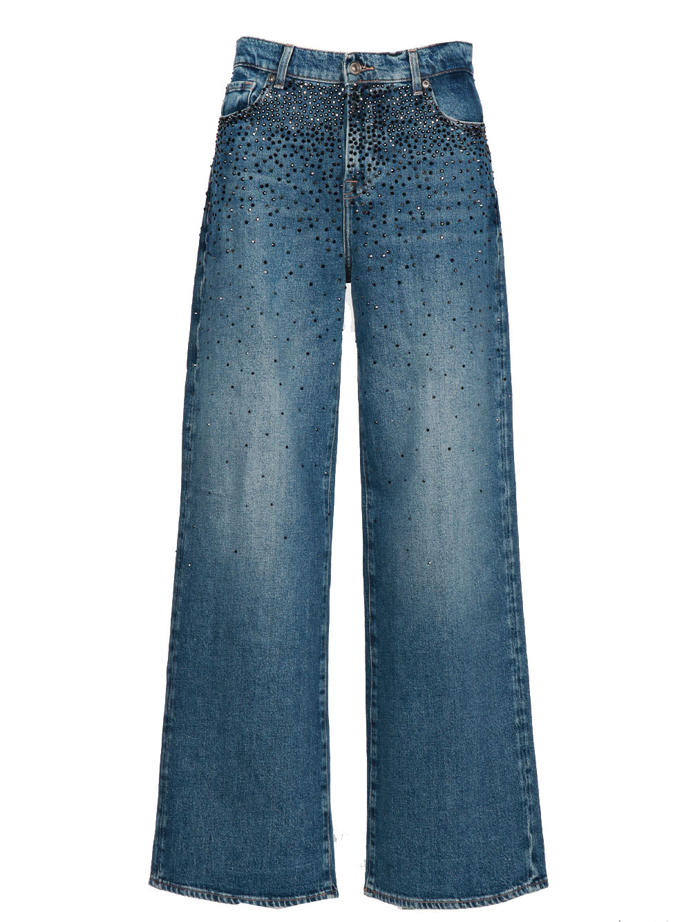 7 FOR ALL MANKIND Jeans Scout Palazzo in Denim Blu con Strass Neri e Grigi Denim Blu