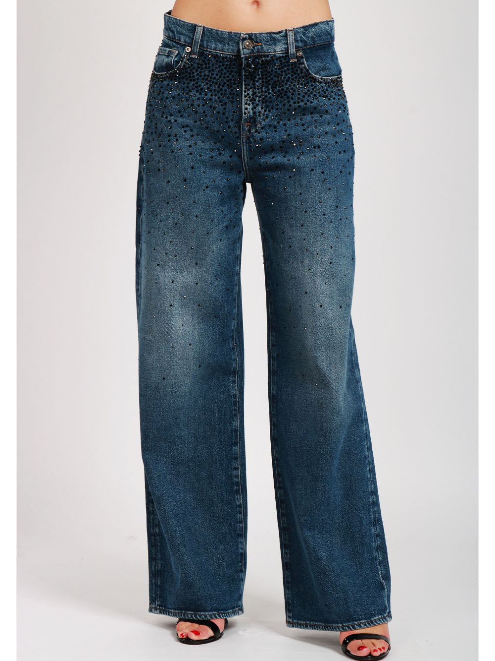 7 FOR ALL MANKIND Jeans Scout Palazzo in Denim Blu con Strass Neri e Grigi Denim Blu