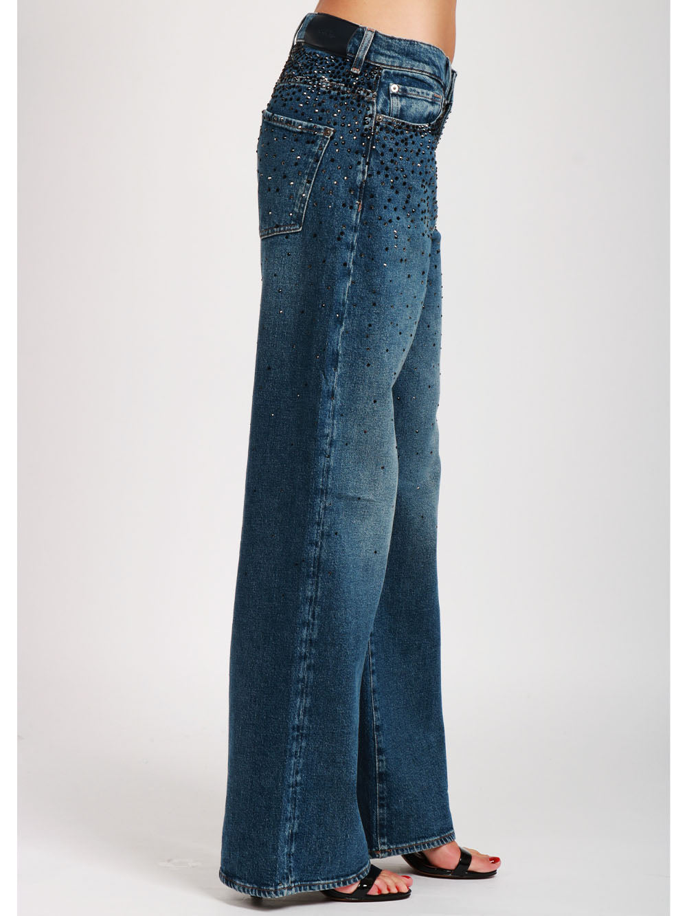 7 FOR ALL MANKIND Jeans Scout Palazzo in Denim Blu con Strass Neri e Grigi Denim Blu