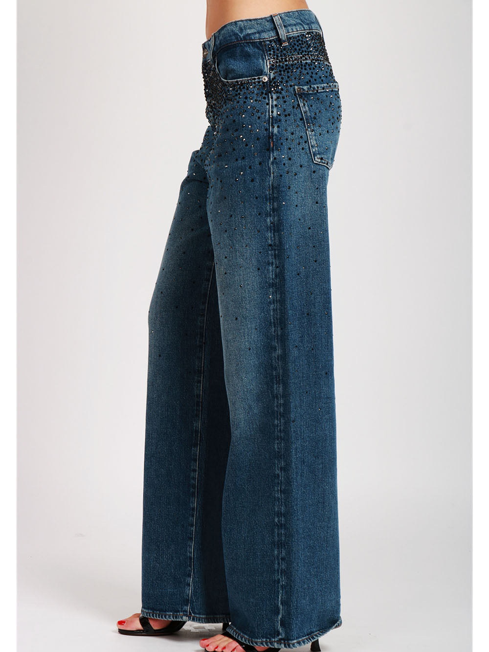 7 FOR ALL MANKIND Jeans Scout Palazzo in Denim Blu con Strass Neri e Grigi Denim Blu
