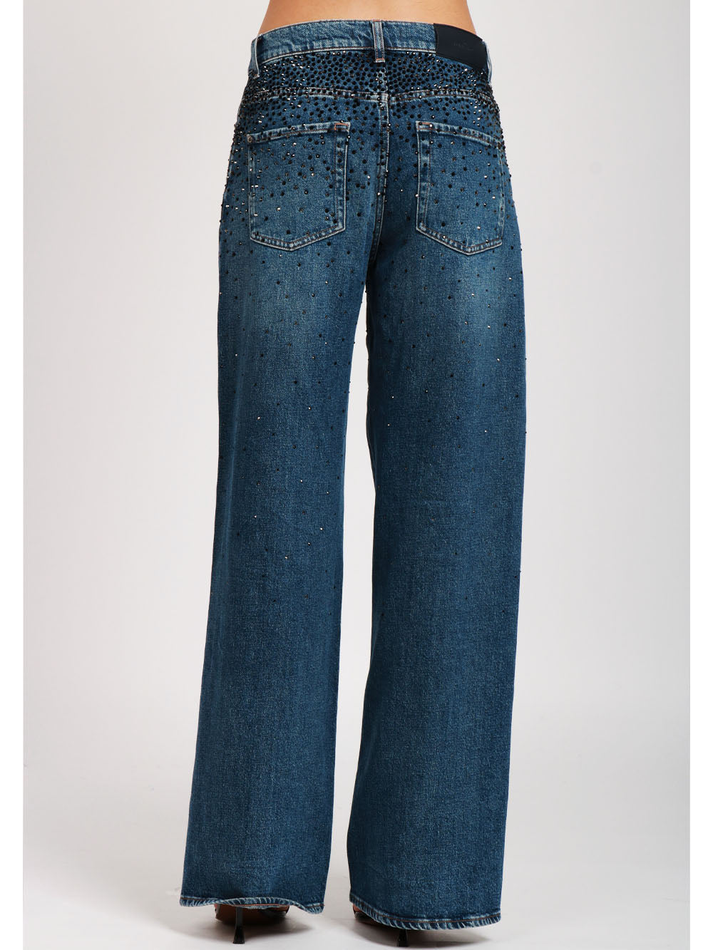 7 FOR ALL MANKIND Jeans Scout Palazzo in Denim Blu con Strass Neri e Grigi Denim Blu