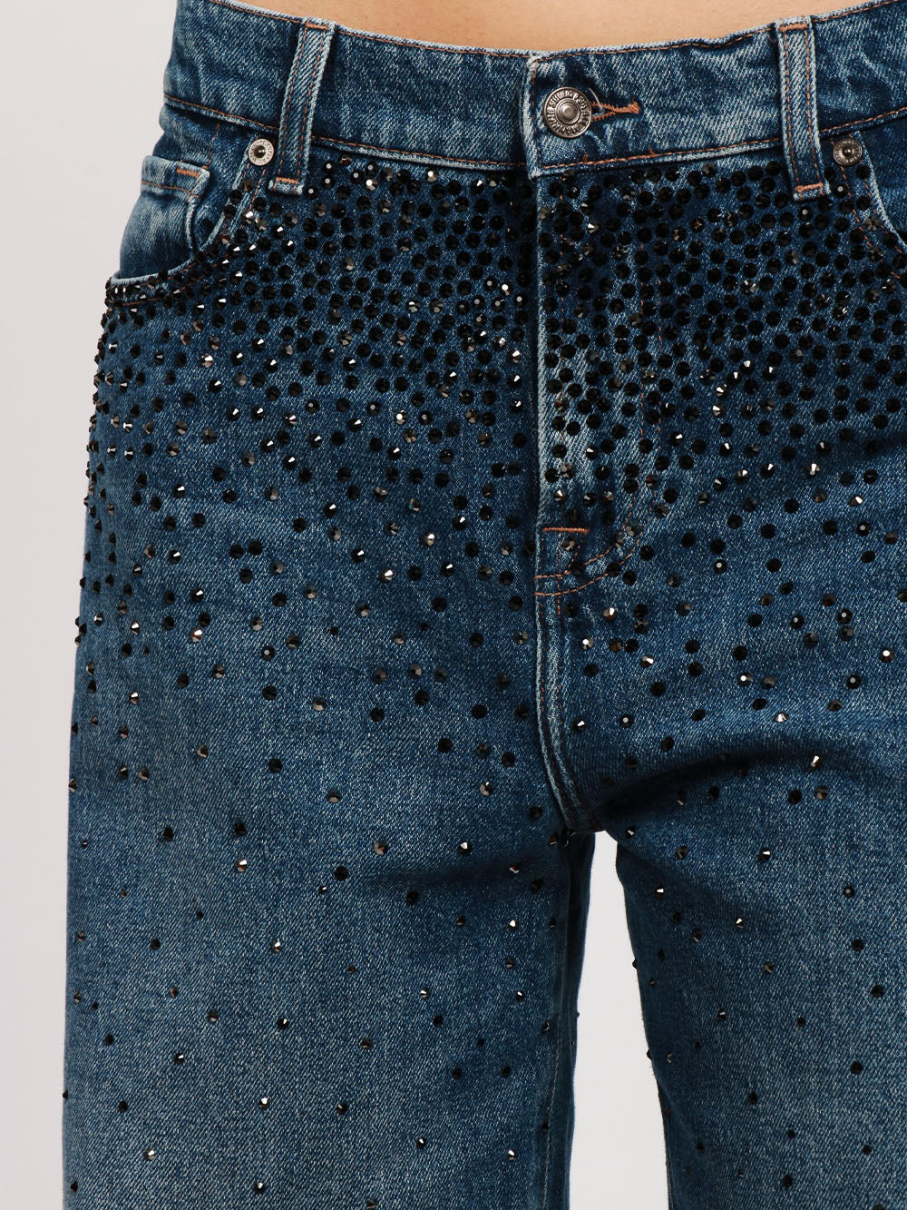 7 FOR ALL MANKIND Jeans Scout Palazzo in Denim Blu con Strass Neri e Grigi Denim Blu