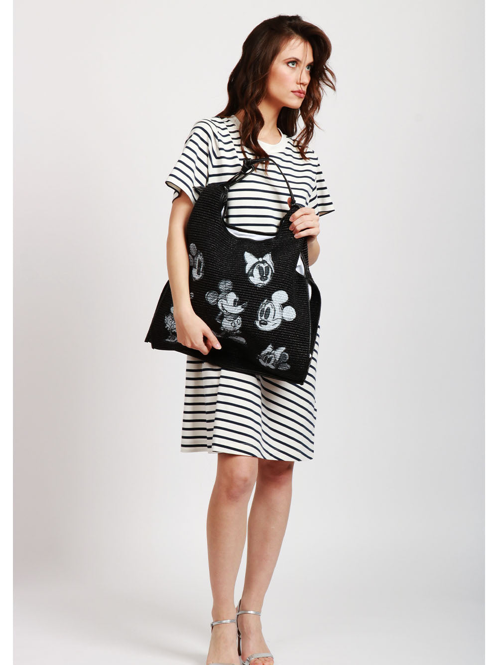 Picasso 5 Black Raffia Shoulder Bag with Mickey Mouse