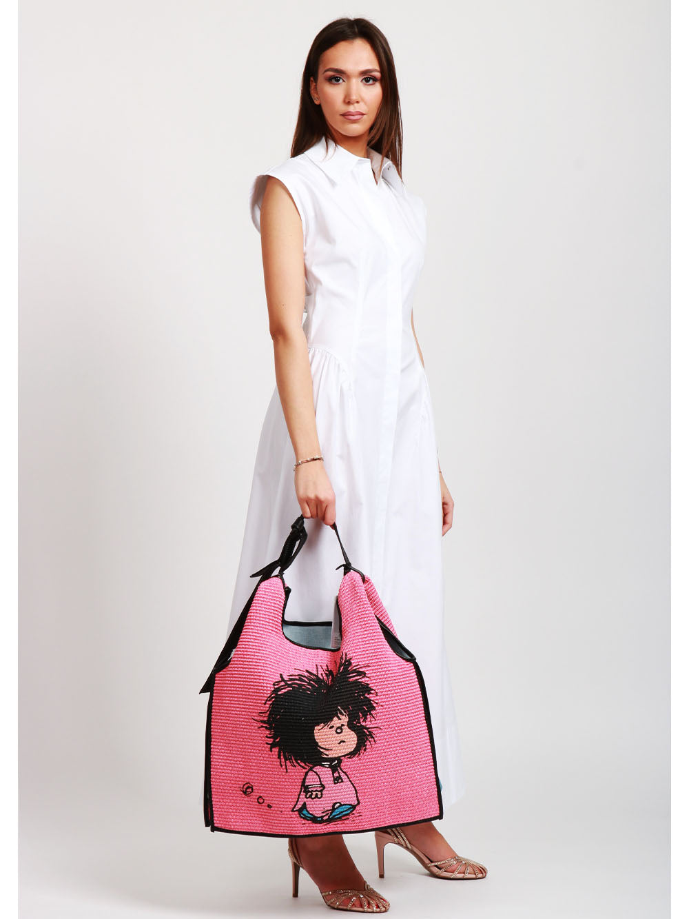 ANITA BILARDI Borsa a Spalla Picasso 8 in Rafia Rosa con Mafalda Rosa+denim