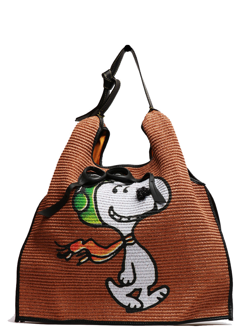 ANITA BILARDI Borsa a Spalla Picasso in Rafia Tabacco con Snoopy Aviatore Beige+giallo
